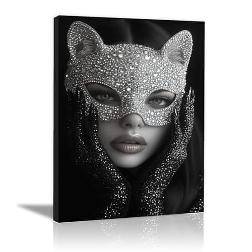 Image of QUSAAOU African Americans Wall Art Woman in a Sparkly Mask and Gloves Vintage Tribal Girl Images Elegant Paintings Of Black Women Suitable For Home Wall Decoration(Black)-30x45cm1 Framed