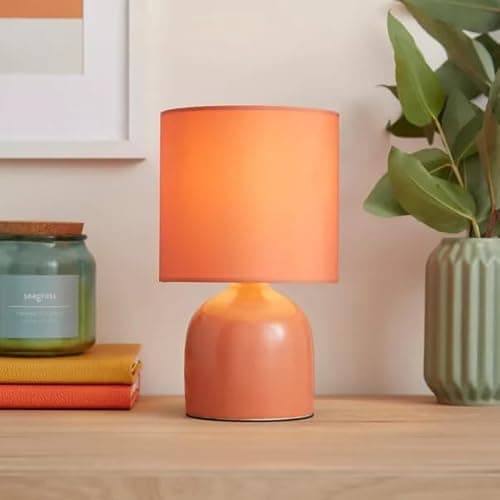Image of New Ceramic Table Lamp – Modern Compact Bedside Lamp with Fabric Shade – E14 SES Cap – 4W Max – Inline Switch – H24cm x Dia14cm – Sleek Contemporary Design M-02 (Clay)