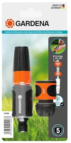 Image of Gardena Stop 'n' Spray Set for 13 mm (1/2 inch) and 15 mm (5/8 inch) hoses: Cleaning spray nozzle set with a water stop for a quick connection change (18288-20)