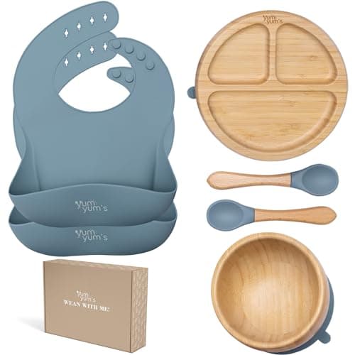 Image of Baby Bamboo weaning Set Presented by Yum Yum's - Bamboo Plate and Bowl Set - Suction Bowl and Plate - Baby Feeding Set - Spoon Set for BLW - 2 Baby weaning Bibs - (Iceberg Blue)