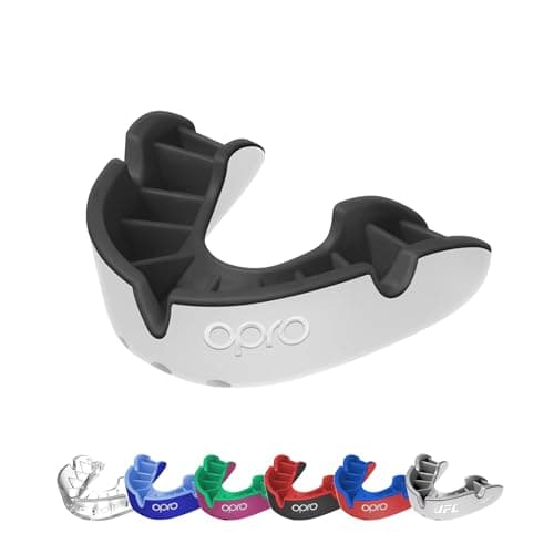 Image of OPRO Silver Level Mouthguard Essential Fit – Gum Shield Adult and Kids – OPRO Mouth Guard Boxing and MMA, Easy Self-Fit Gum Shield Rugby – Superior Protection with Dental Warranty (White/Black)