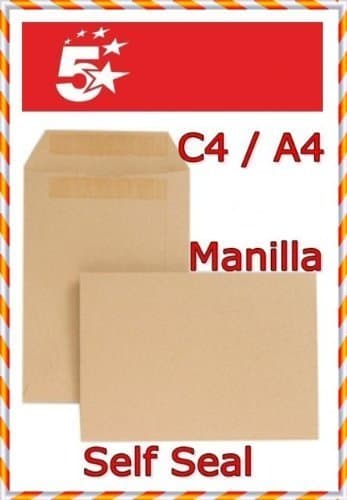 Image of 5 Star Envelopes Mediumweight Pocket Press Seal 90gsm Manilla C4 [Pack of 250]