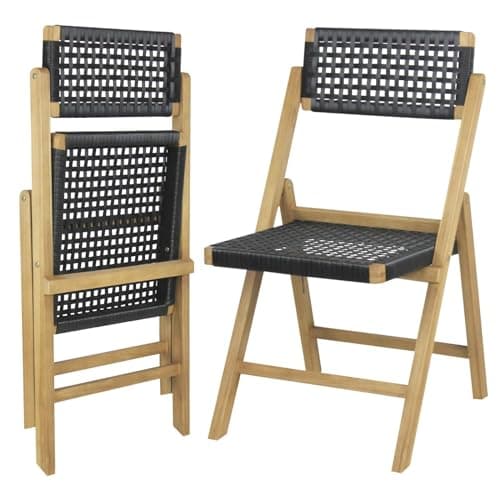 Image of GiantexUK Patio Chairs Set of 2, Folding Teak Wood Garden Dining Chairs with Woven Rope Back & Seat, Outdoor Camping Chairs for Bistro Backyard Poolsides (Triangle Structure, 49 x 59 x 87cm)