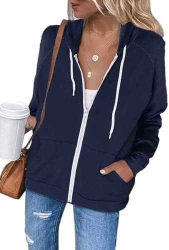 Image of LACOZY Ladies Jacket Casual Long Sleeve Sweatshirt Coat Lightweight Zipper Hoodies with Pockets Blue L