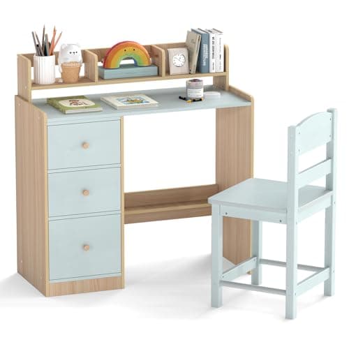 Image of COSTWAY Kids Desk and Chair Set, Wooden Student Study Table with 3 Drawers, Hutch & Storage Shelf, Children Writing Table Chair Set for for Boys Girls (Green+Natural)
