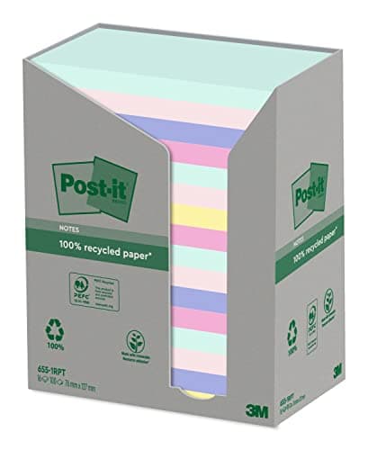 Image of Post-it Recycling Notes Assorted Colours, Pack of 16 Pads, 100 Sheets per Pad, 76 mm x 127 mm, Green, Pink, Blue, Yellow - Self-Stick Notes Made from 100% Recycled Paper