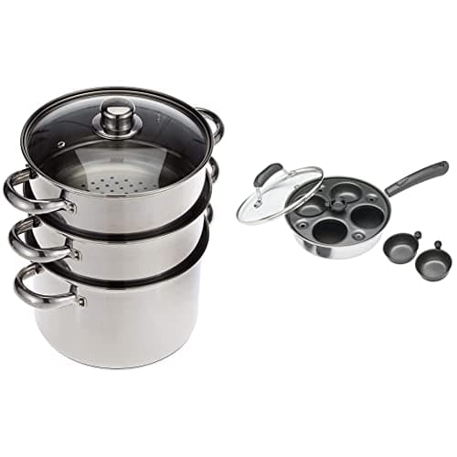 Image of KitchenCraft 3 Tier Food Steamer Pan/Stock Pot in Gift Box, Induction Safe, Stainless Steel, 22 cm & 4 Egg Poacher Pan, Carbon Steel, Silver