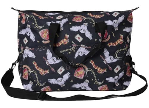 Image of Harry Potter Tote Duffel Bag Train Owl Glasses Hogwarts All Over Print Carry On Travel, Black, One Size