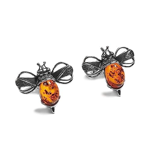 Image of HENRYKA Silver & Cognac Amber Bumble-Bee Studs | 925 Sterling Silver Honey Bee Gemstone Earrings | Cute Fashion Accessory & Jewellery Gift for Her & Women