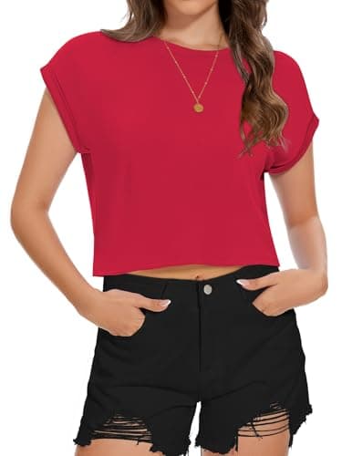 Image of Womens Short Sleeve T Shirt Summer Loose Fit Tees Round Neck Causal Crop Tops(Red,XL)