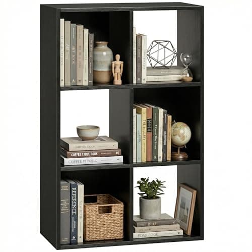 Image of HOMCOM Industrial Style Storage Shelf, Bookcase, Bookshelf with 6 Compartments, Freestanding Shelving Unit for Living Room, Home Study, Black Wood Effect