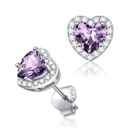Image of ChicSilver Sterling Silver Earrings Womens 925 Silver Heart Shaped Amethyst Birthstone Stud Earring February Jewellery Gifts for Ladies