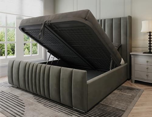 Image of Furnishion Manhattan Ottoman Bed Double 4ft6, Plush Velvet Gas Lift Double Beds Frame with Storage, Luxury Frame with Headboard, Space Saving Ottoman Bed for Stylish Bedrooms in Grey Plush