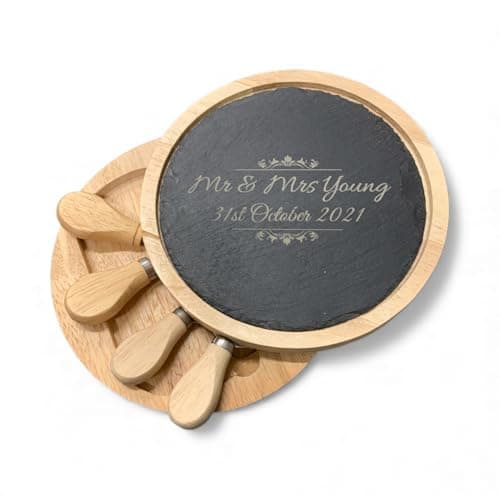 Image of Personalised Compact Wood & Slate Round Cheese Board - Engraved Wedding Birthday Kitchen Gift