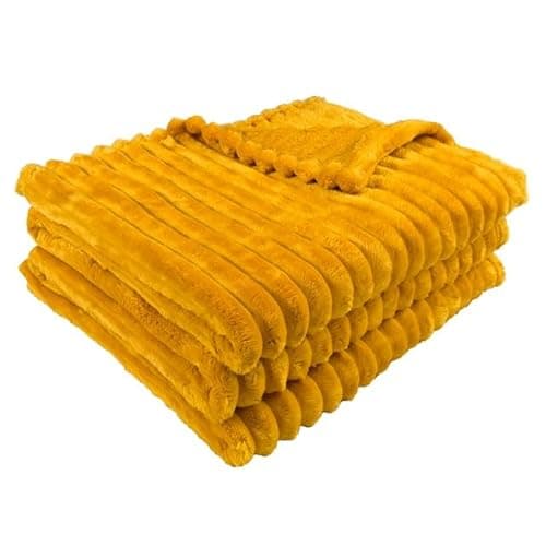 Image of oceanevo Ribbed Cord Chunky Throw Fluffy Fleece Faux Fur Velvet Toch Plush Cozy Soft Blanket For Sofa Bed Settee Couch Chair (Ochre, King- 200 X 240cm)