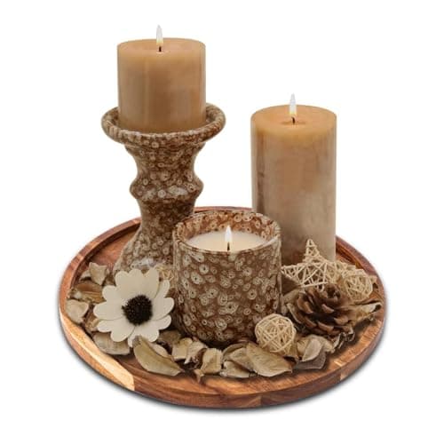 Image of Wooden Candle Holder Tray, Round Decorative Candle Platter, Farmhouse Coffee Table Centrepiece Decorative Tray, Rustic Wood Trays for Home Decor Table Christmas Decorations(Rustic Brown)