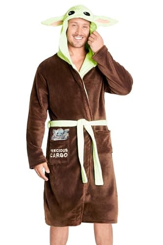 Image of Disney The Mandalorian Dressing Gown for Men & Teens, Fleece Hooded Bath Robe Pockets, Cosy Loungewear, Baby Yoda Gifts for Men (Brown, XL)