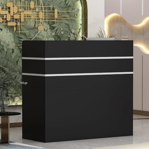 Image of PREMTURE Reception Desk with Lockable Drawers, Reception Counter, Shop Counter Sales Desk, Office Furniture Reception Furniture with 3-Drawers and 1-Cupboard, 120W x 48D x 110H cm (Black)