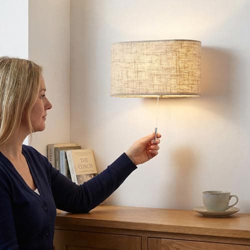 Image of Kairui Lighting Wall Sconces Bedside Wall Lamp with Pull Cord Switch Modern LED Wall Lights with Warm LED Module and Linen Shade for Bedroom Living Room