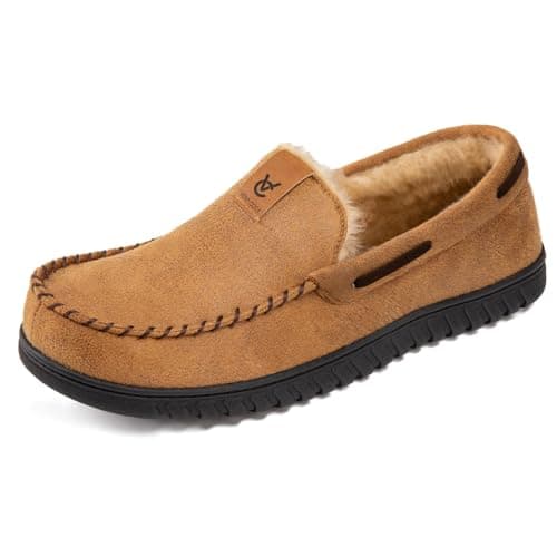 Image of VeraCosy Men's Classic Moccasin Slippers Soft Faux Suede Memory Foam Closed-back Indoor House Shoes Tan, 8 UK