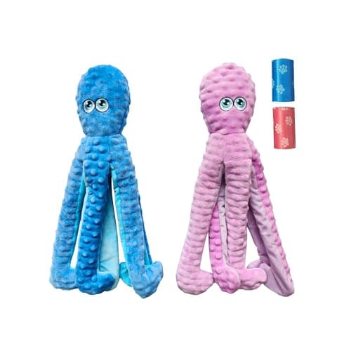 Image of JWPET 2 PCS Squeaky Octopus Dog Toys - Plush Crinkle No-Stuffing Chew Toy for Teeth Cleaning, Teething & Interactive Play (Small/Medium Dogs) (Blue&Pink, Large)