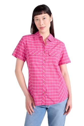 Image of Mountain Warehouse Holiday Womens Cotton Shirt - Short Sleeve Ladies Top, Casual Shirt, Lightweight Ladies Shirt, Breathable Blouse - Spring Summer, Travelling Bright Pink Women's Size 14