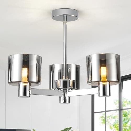 Image of HARPER LIVING 3-Light Chandeliers Ceiling Light, Chrome Semi Flush Ceiling Lamp with Smoked Glass Shades, 3xG9 Modern Ceiling Lighting for Living Room Bedroom Kitchen Hallway Dining Room