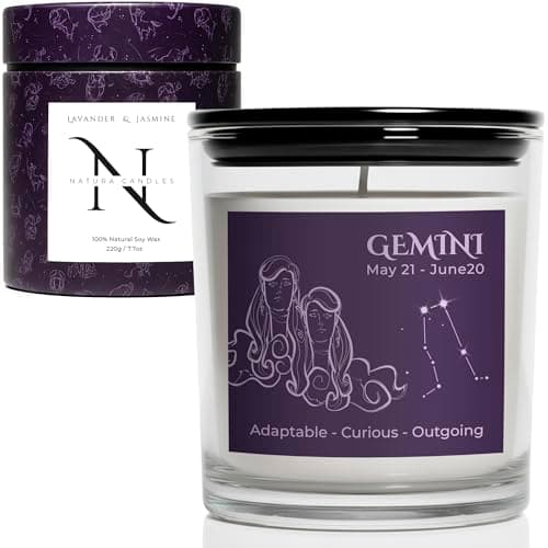 Image of Gemini Zodiac Candle Gift for Women - Lavender & Jasmine Scented Soy Wax Candle, Vegan Astrology Birthday Gift for Her, Mum, Sister, Horoscope Present, Relaxing Home Fragrance