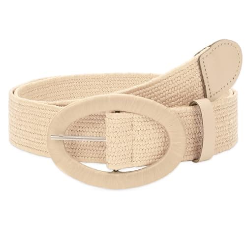 Image of WHIPPY Straw Woven Elastic Stretch Waist Belts for Women Dresses, Fashion Boho Ladies Skinny Braided Belt, Beige, Below 40"