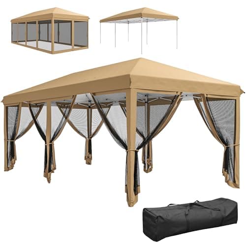 Image of Outsunny 3 x 6m Pop Up Gazebo, Outdoor Canopy Shelter, Marquee Party Wedding Tent with 6 Mesh Walls and Carry Bag, Beige