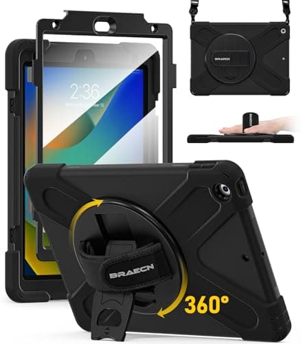 Image of BRAECN for iPad 9th/8th/7th Generation Case 10.2 inch, Heavy Duty Rugged Protective Cover with Built Screen Protector/Hand Strap/Kickstand/Shoulder Strap for iPad 10.2 2021/2020/2019, Black