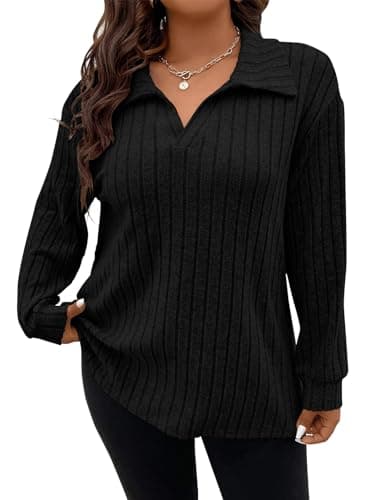 Image of Gemulate Ladies Plus Size Jumpers & Tops - UK Christmas Casual V-Neck & Polo Neck Sweaters & Sweatshirts - Black 3XL