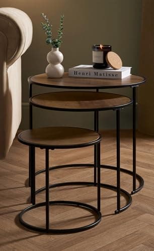 Image of OHS Nest of Tables Set of 3, Stacking Side Tables Living Room Wooden Stylish Decorative Coffee Table Sturdy Metal Frame Easy Assembly Round End Table, Dark Wood