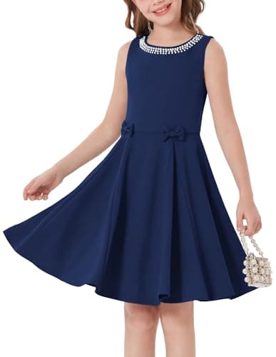 Image of GRACE KARIN Girls Princess Dress Summer Sleeveless Round Neck A Line Birthday Party Wedding Dresses for Kid Navy Blue 12 Years