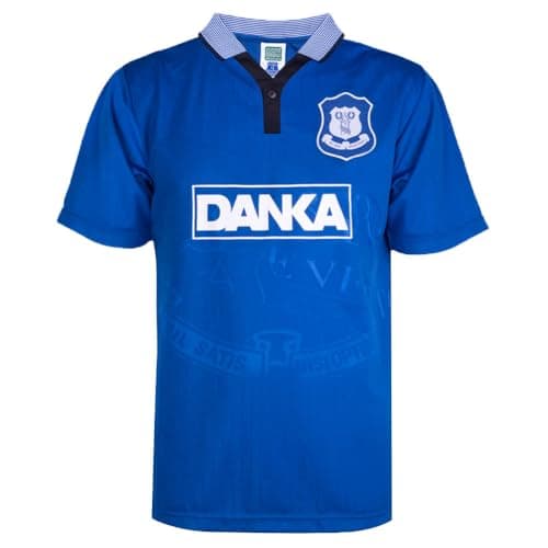 Image of Score Draw Everton 1996 Retro Football Shirt Blue Large Polyester