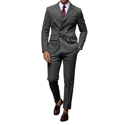 Image of Generisch Suits Checked Double Breasted Men's 2-Piece Suit Jacket Suit Trousers Regular Fit Pinstripe Jacket and Trousers Wedding Suits Formal Dress Tuxedo Set, gray, S