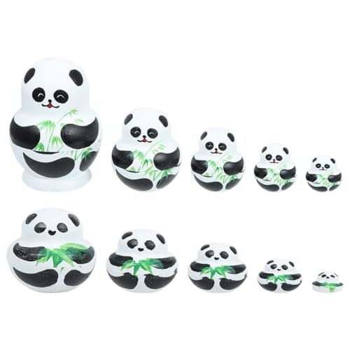 Image of POPETPOP 10-layer Panda Russian Nesting Dolls: Hand-Painted Wooden Matryoshka Doll Set, Cute Animal Stacking Figurines for Kids Gift, Home Nursery Decor, Premium Basswood
