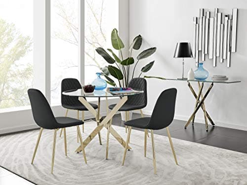 Image of Furniturebox UK Novara Modern Round Gold Metal and Clear Glass Dining Table With 4 Contemporary Corona Black Chairs Set