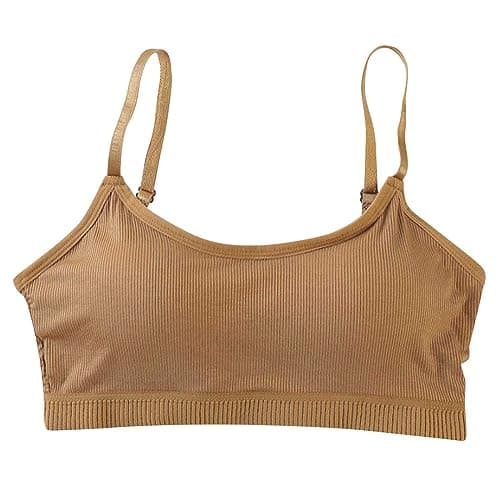 Image of Feelcrag Girls Bra Girls Sports Bras Crop Tops Solid Color for Puberty Teenage Cotton Bralettes Soft and Comfortable Cotton Bra Puberty Teenage Breathable Underwear Ajustable Shoulder Straps Brown