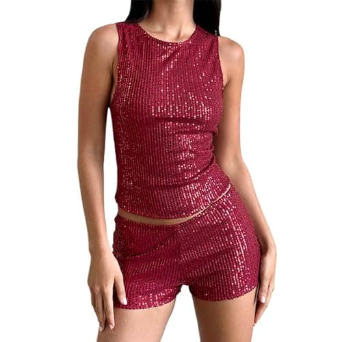 Image of Women's Shine Sequin Tank Tops Sleeveless Crew Neck Glitter Slim Fit Vest Y2K Tops for Club Party (Claret, L)