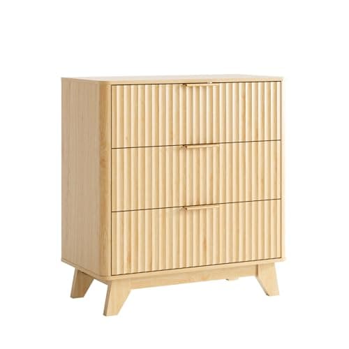 Image of Bonnlo 3 Drawers Chest of Drawers, Oak Grille Bedroom Furniture, Fluted Storage Cabinet with Gold Handles,Wood Storage Cabinet for Bedroom,Living Room,Modern Dresser Organizer 70×35×75cm