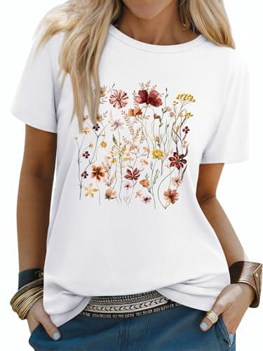 Image of Dresswel T Shirts for Women UK Vintage Botanical Floral Gardener T-Shirt Wildflower Graphic Tees Crewneck Short Sleeve Summer Tee Tops for Garden Lovers