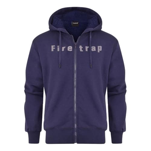 Image of Firetrap Mens Designer Cotton Sherpa Fur Lined Full Zip Fleece Lined Hoodie Warm Winter Hooded Jacket Navy M
