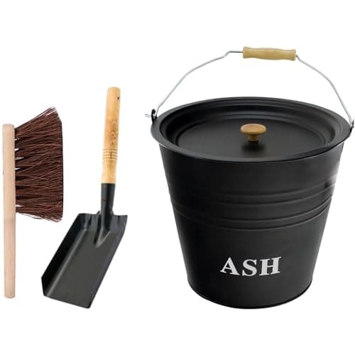 Image of Almineez 12L Steel Ash Bucket with Lid Wooden Handle + Shovel & Brush Fireside Fireplace Coal Logs BBQ Storage Holder Firepits Hearth Wood Burning Stoves Fire Pit Wood Burning Stove Bin