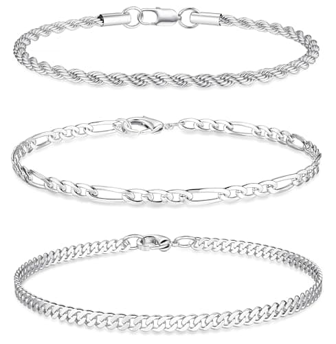 Image of JeweBella 3 Pcs Silver Bracelet for Men Stainless Steel Figaro Rope Chain Bracelet Set Sturdy Curb Mens Bracelets Gold/Silver Mens Jewellery Gifts 19/21/23CM