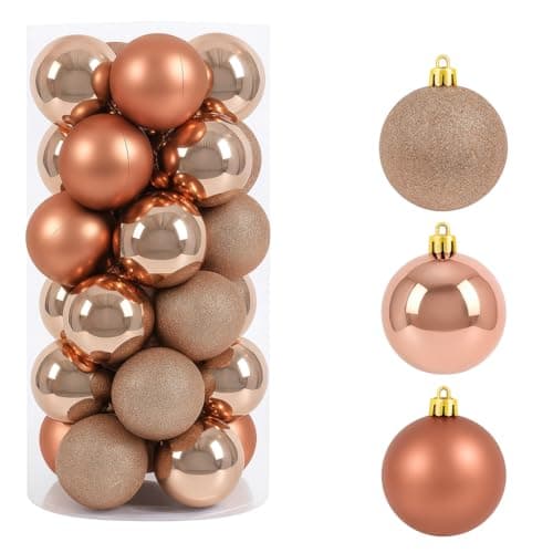 Image of 24 x 60 mm Rose Gold Christmas Tree Baubles – Shatterproof Ornaments | Matt, Gloss & Glitter Finish | Luxury Rose Gold Bauble Set for Christmas Trees & Festive Décor