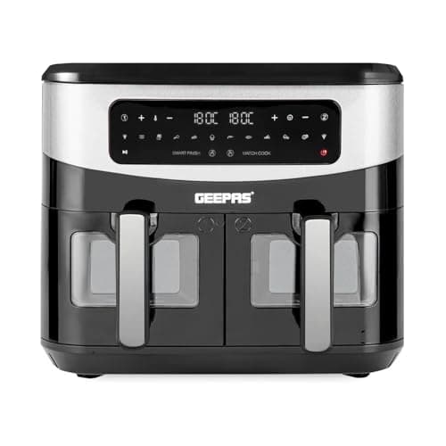 Image of GEEPAS Dual Zone Digital Air Fryer with Visual Window | 9L XL Capacity 2 Drawers 10-In-1 Cooking Presets | Touch Screen Smart Finish Timer Function Dishwasher-Safe Healthy Oil Free & Low Fat Cooking