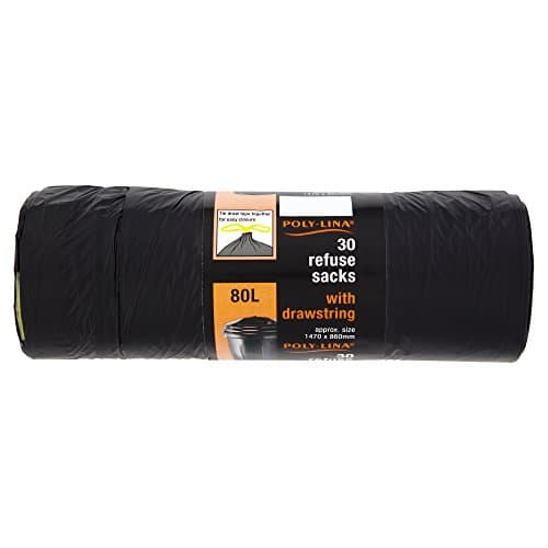 Image of Polylina - Bin Bags 80 Litre, 30 Drawstring Large Black Refuse Sacks, Recycled Plastic, Everyday Use, Household, Office & Kitchen Waste