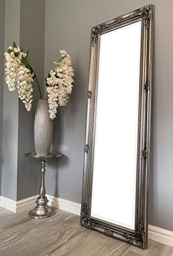 Image of DOWNTON INTERIORS UK Beautifully Tall & Ornate ANTIQUE SILVER Vintage Style Dressing Wall Mirror with Bevelled Glass - Overall Size: 56 inches x 18 inches (142 cm x 47 cm)