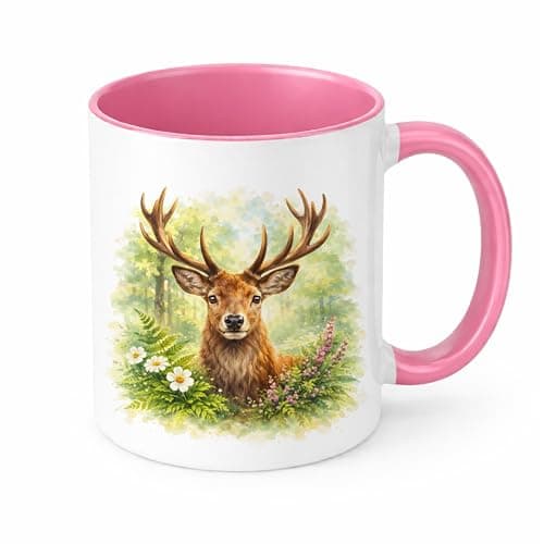 Image of Brew Crew Gifts Watercolour Stag Mug, Majestic Deer Woodland Ceramic Coffee Cup, Nature & Country Gift, 11oz (Pink)